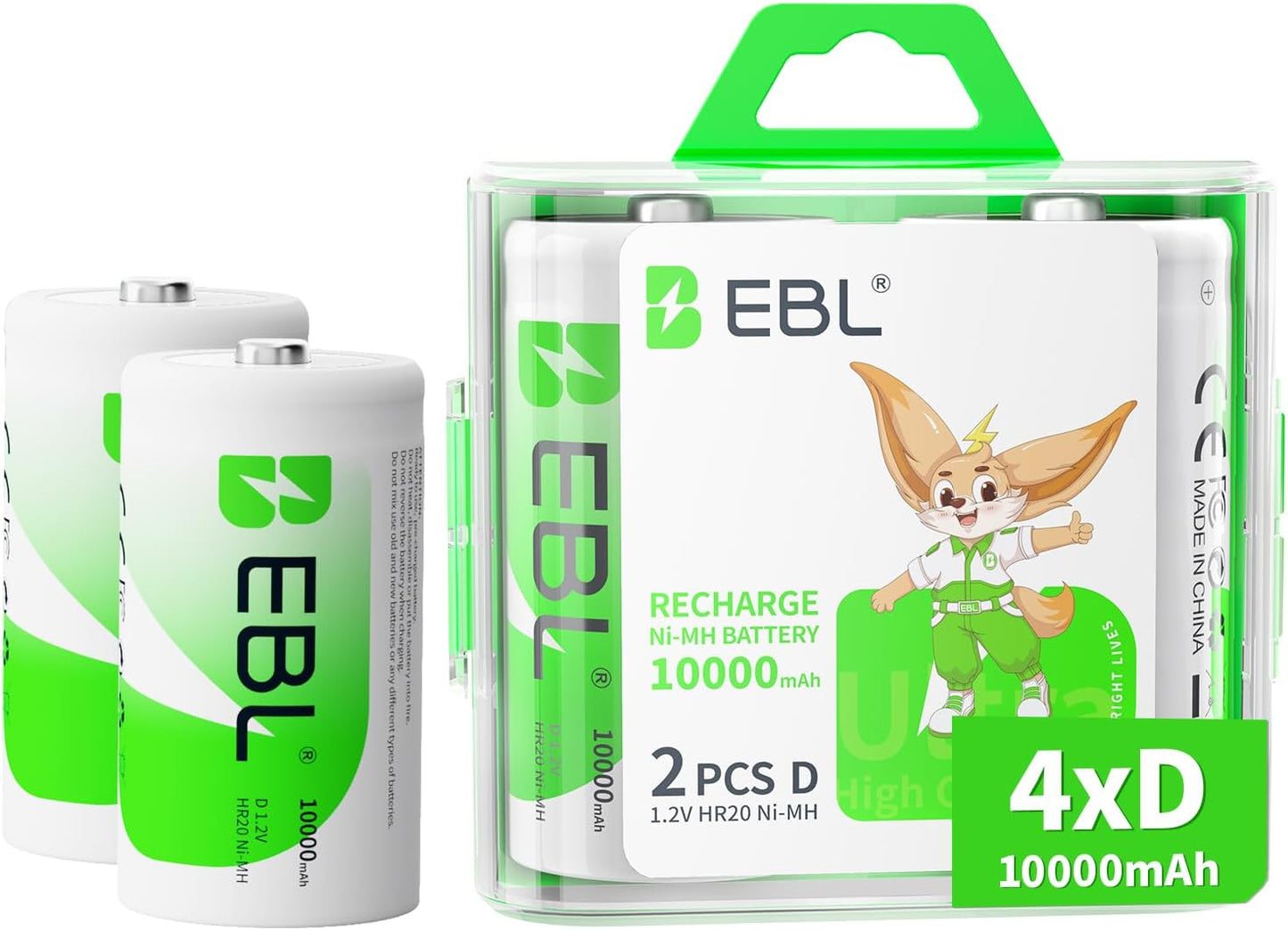 D Cell Batteries 10,000Mah Ultra Pro Ni-Mh Rechargeable D Batteries, 4-Pack(Battery Storage Case Included)
